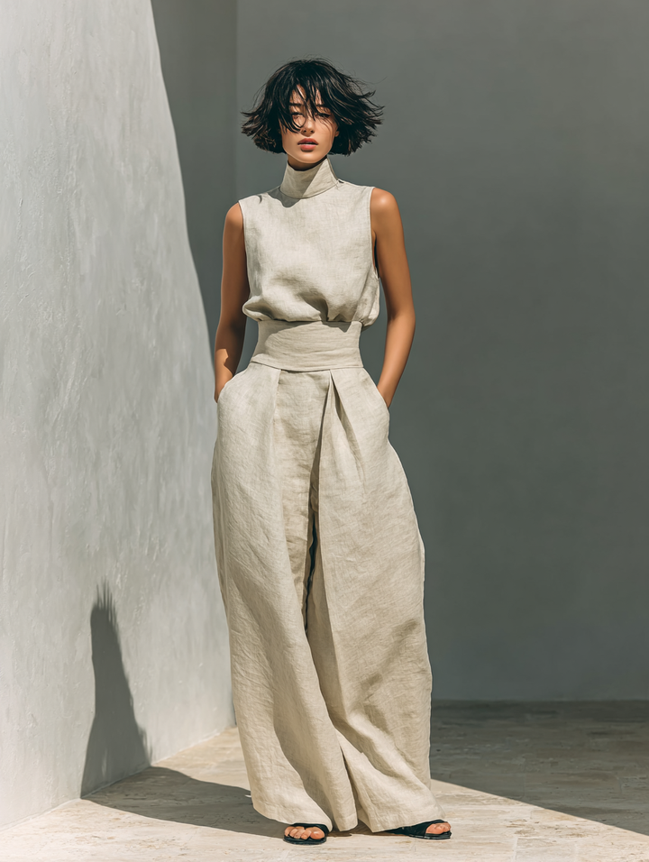Marcella | Set composto da camicetta senza maniche e pantaloni a gamba larga in misto cotone e lino.