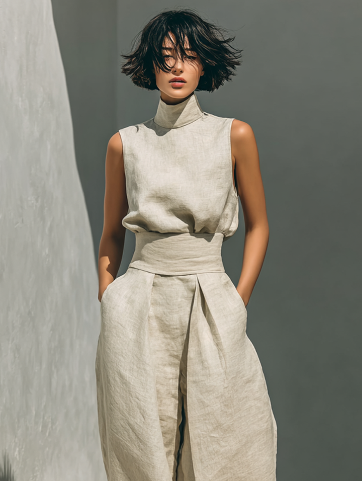 Marcella | Set composto da camicetta senza maniche e pantaloni a gamba larga in misto cotone e lino.