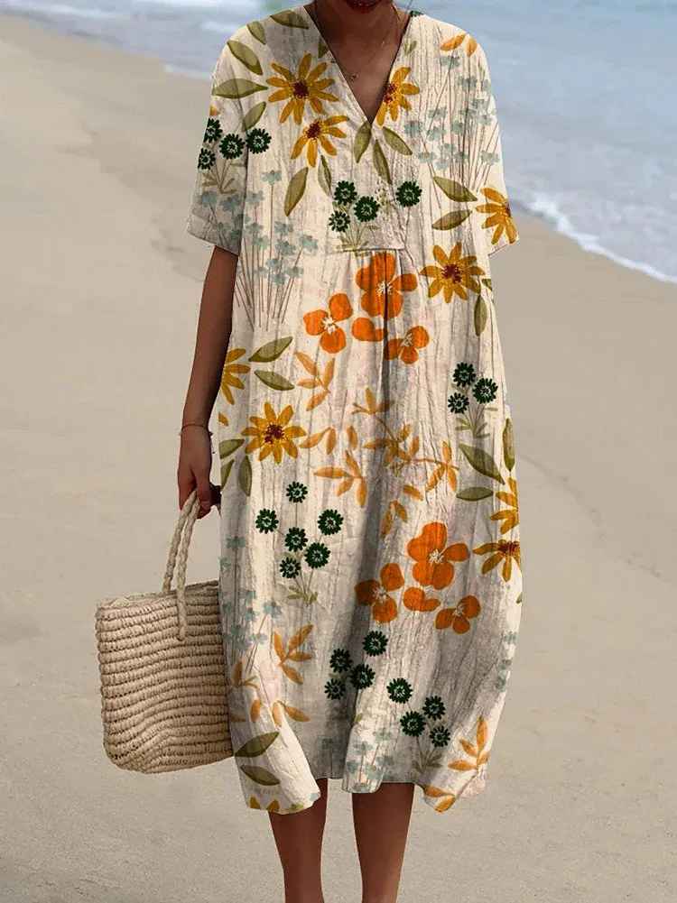 Abito Casual Flowy con Stampa Floreale Vintage da Donna