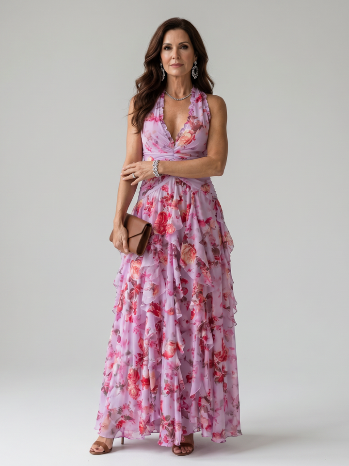 Nori | Abito Maxi Floreale con Scollatura a Halter e Corpetto Arricciato