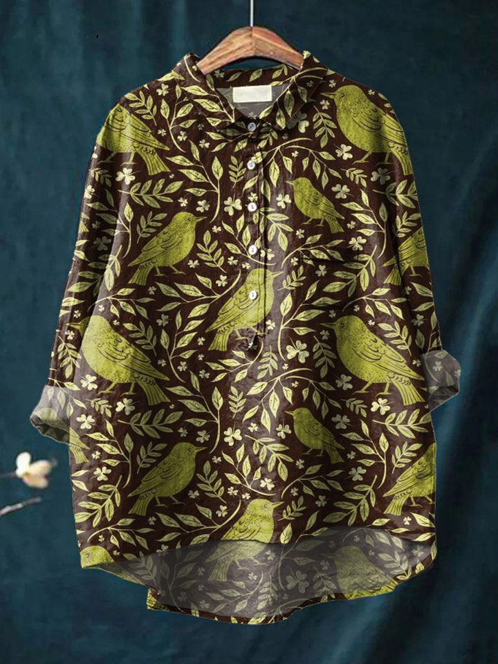 Victoria | Camicia Casual con Stampa Artistica di Uccelli e Fiori Vintage da Donna