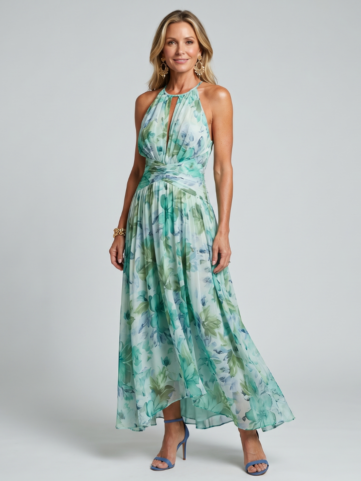 Portia | Abito Midi in Stile Halter con Pieghe e Motivo Floreale Soffice
