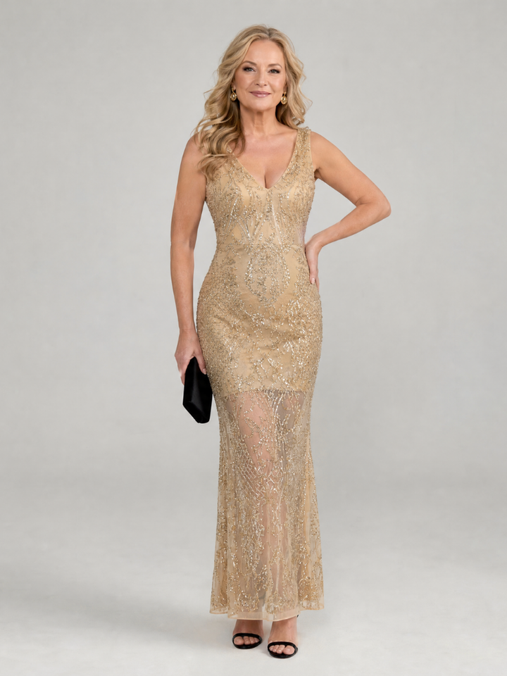 Sirea | Vestito midi senza maniche con paillettes e pannelli trasparenti