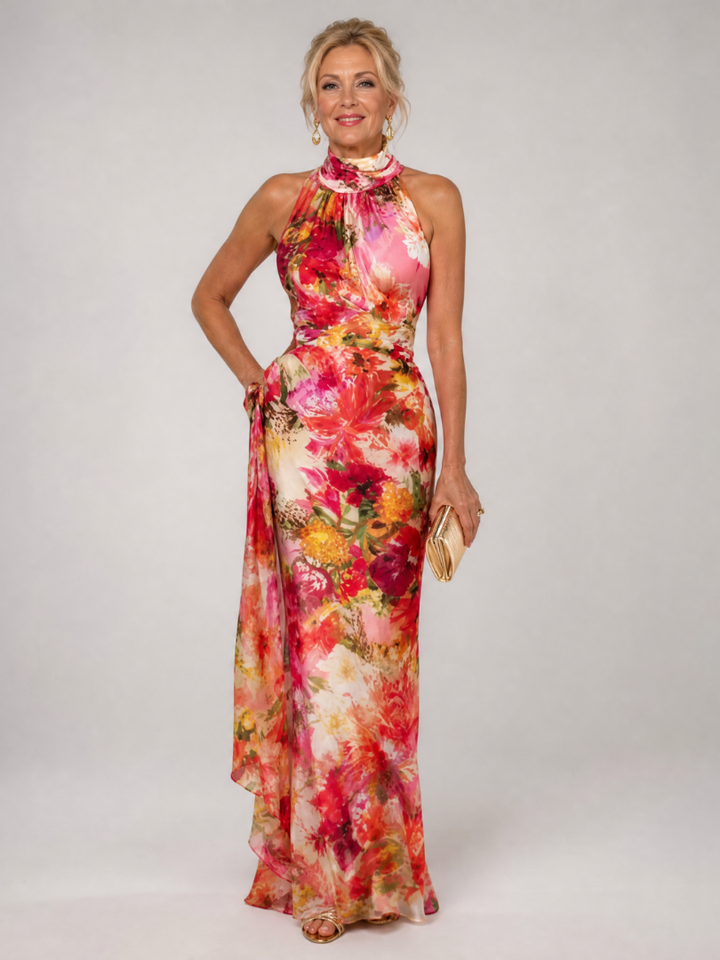 Elisabetta | Abito Maxi con Stampa Floreale e Scollo Halter