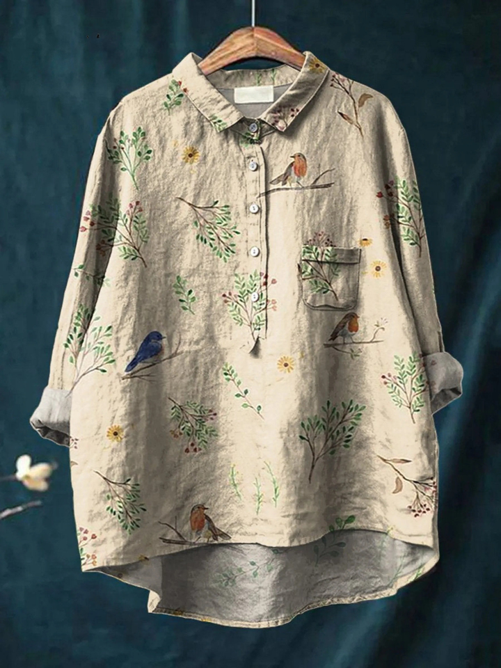 Alice | Camicia Casual da Donna Stampata con Motivo di Rami e Uccelli Robin