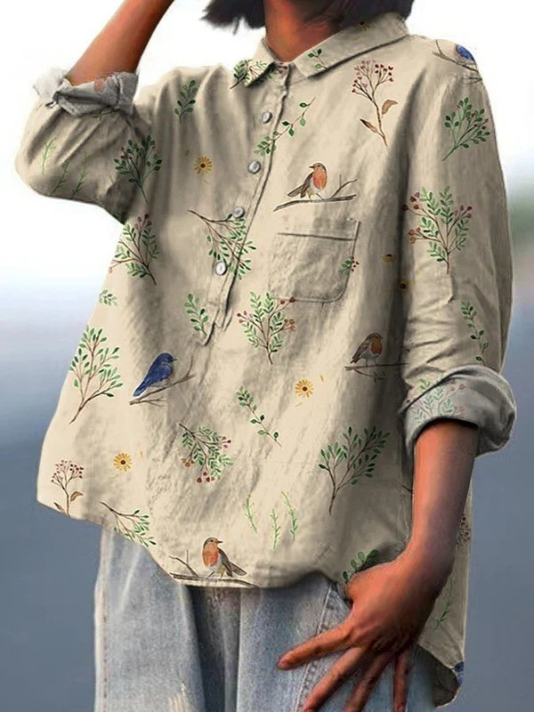 Alice | Camicia Casual da Donna Stampata con Motivo di Rami e Uccelli Robin