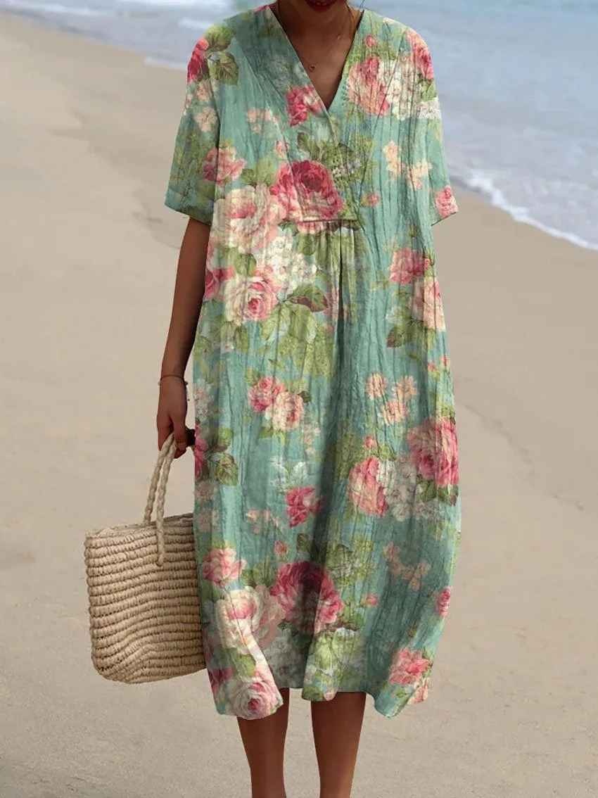 Abito Casual Flowy con Stampa Floreale Vintage da Donna