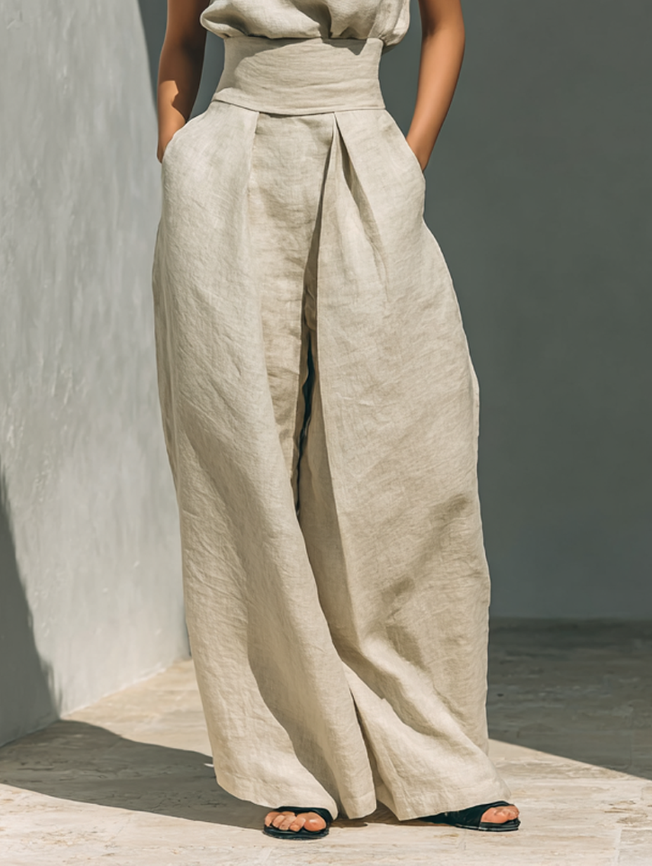 Marcella | Set composto da camicetta senza maniche e pantaloni a gamba larga in misto cotone e lino.