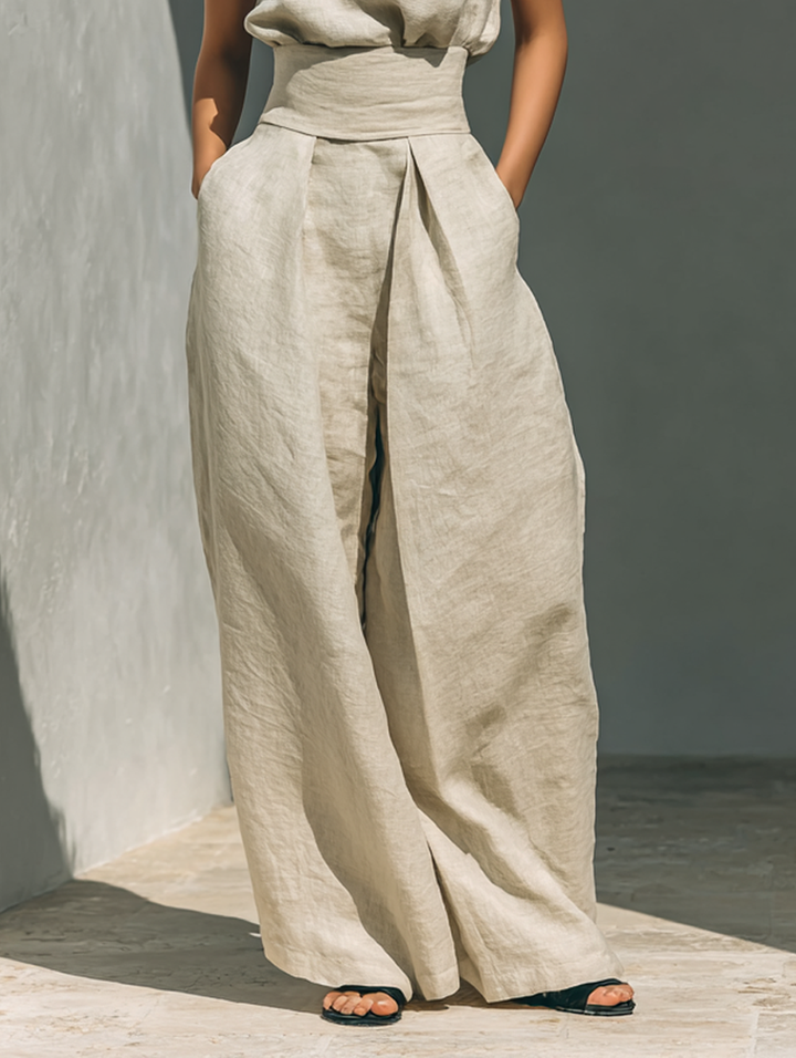 Marcella | Set composto da camicetta senza maniche e pantaloni a gamba larga in misto cotone e lino.