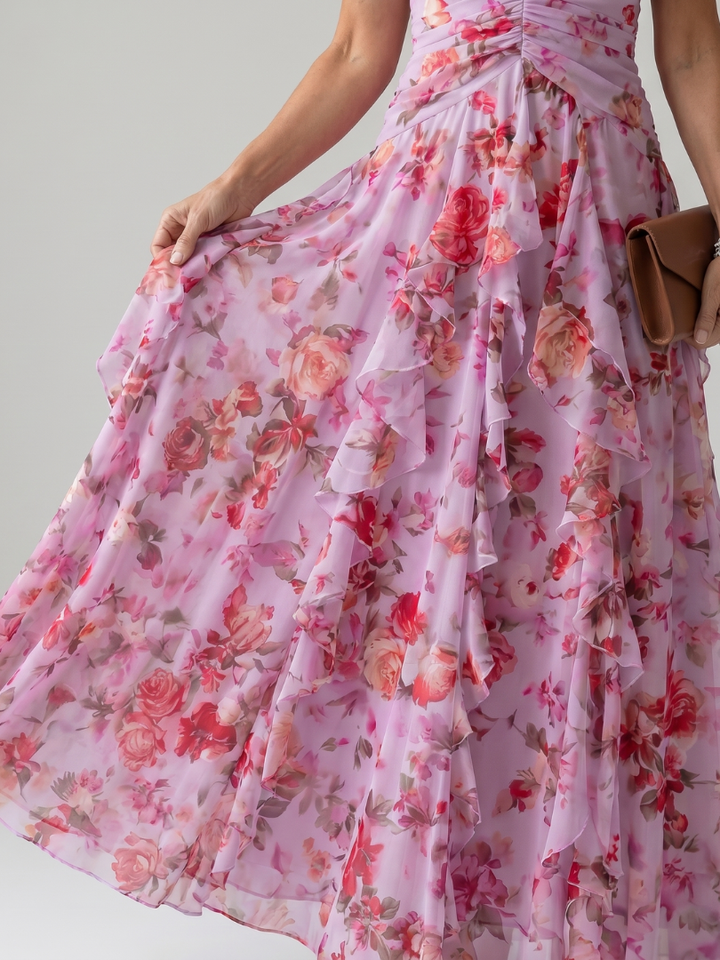 Nori | Abito Maxi Floreale con Scollatura a Halter e Corpetto Arricciato