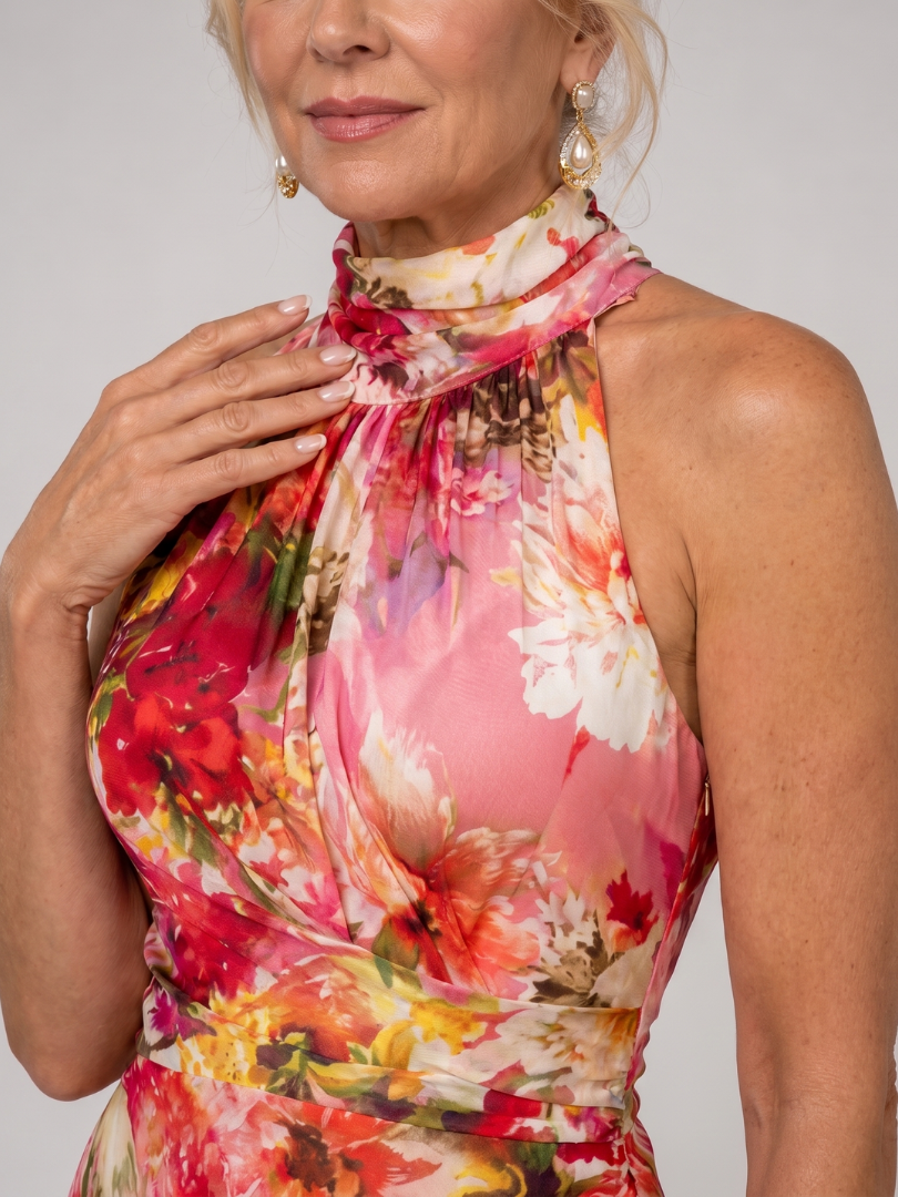 Elisabetta | Abito Maxi con Stampa Floreale e Scollo Halter