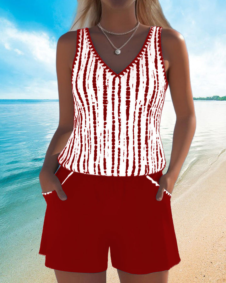 Mia™ | Costume da bagno casual a due pezzi con stampa e scollatura a V con tasche