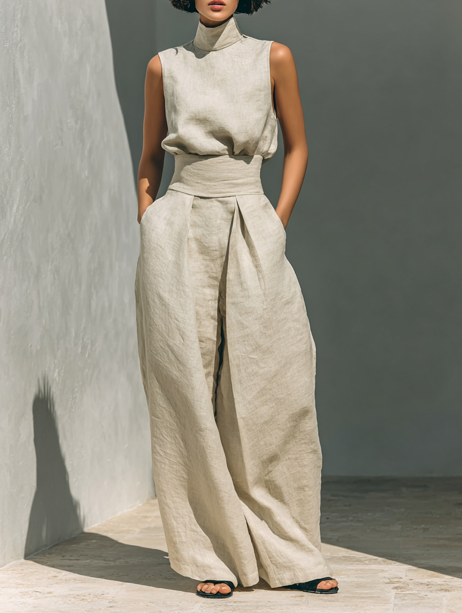 Marcella | Set composto da camicetta senza maniche e pantaloni a gamba larga in misto cotone e lino.