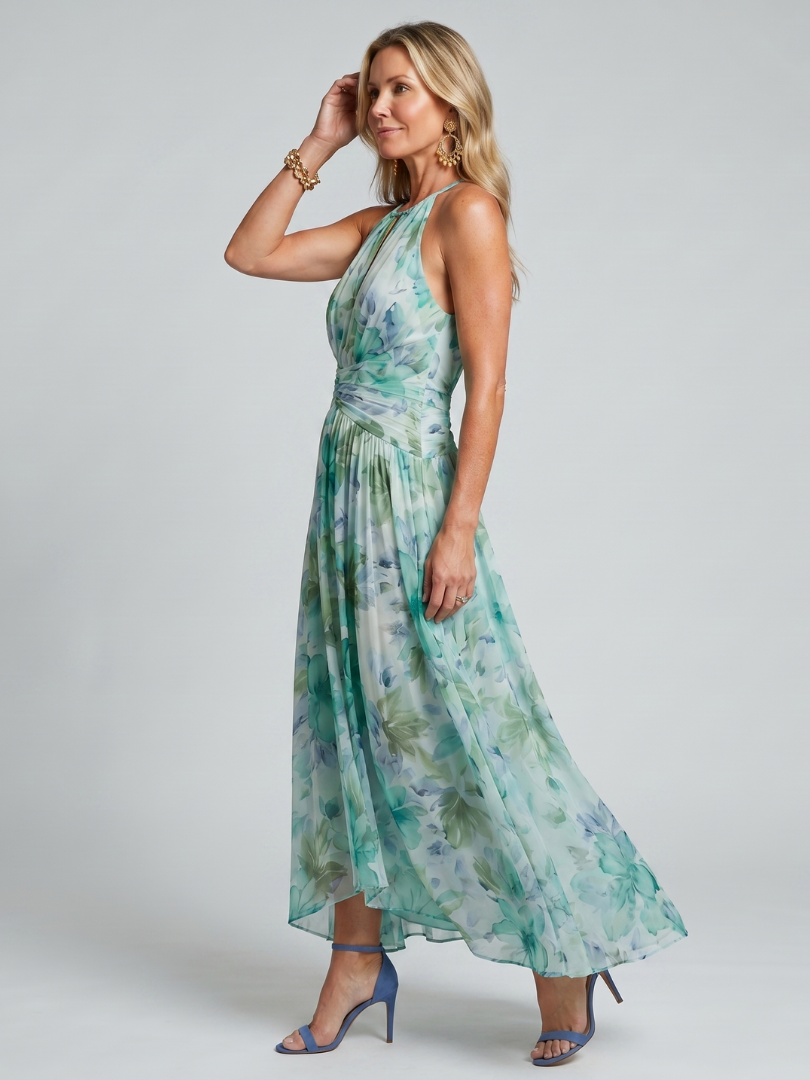 Portia | Abito Midi in Stile Halter con Pieghe e Motivo Floreale Soffice
