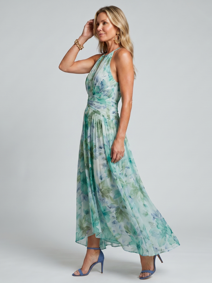 Portia | Abito Midi in Stile Halter con Pieghe e Motivo Floreale Soffice