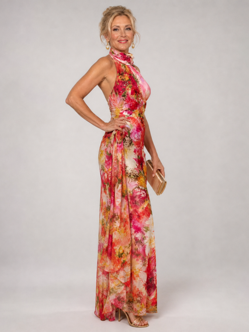 Elisabetta | Abito Maxi con Stampa Floreale e Scollo Halter