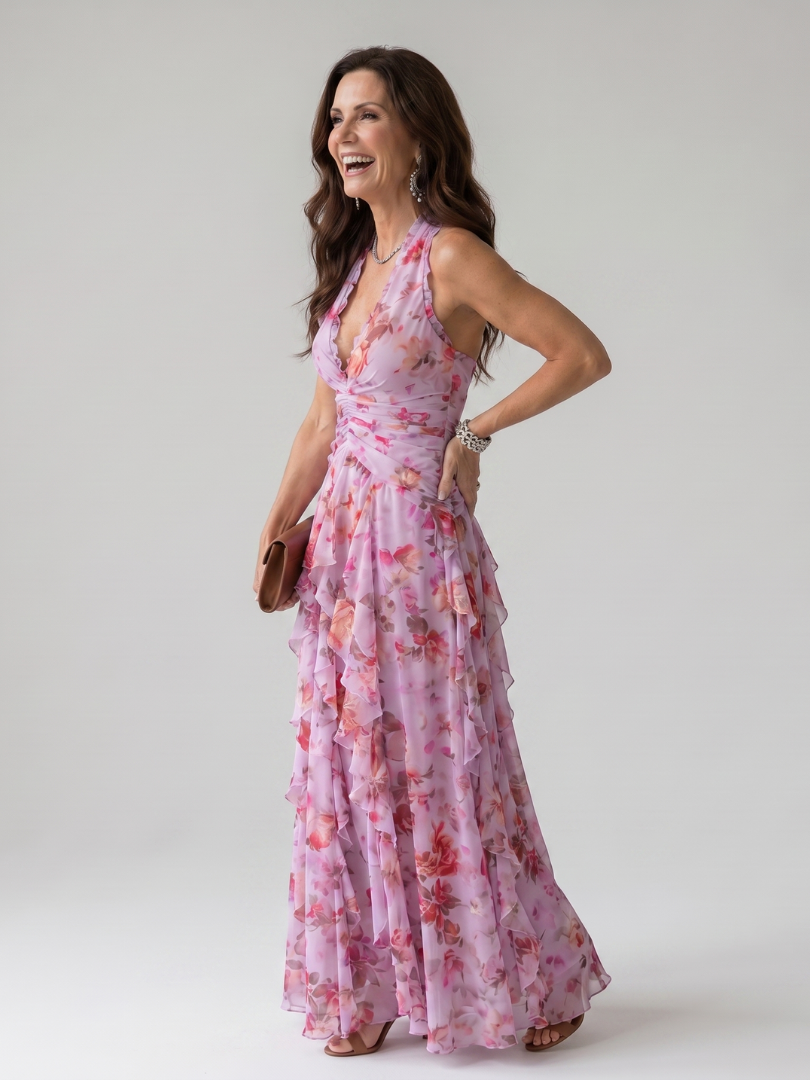 Nori | Abito Maxi Floreale con Scollatura a Halter e Corpetto Arricciato