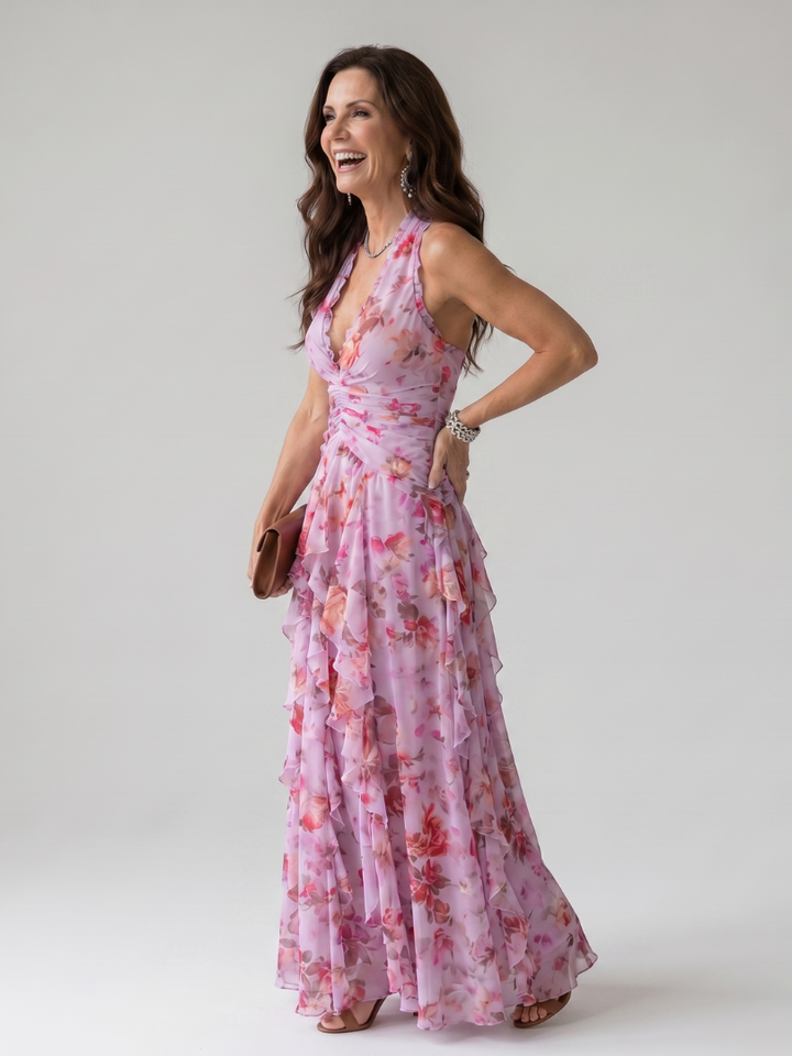 Nori | Abito Maxi Floreale con Scollatura a Halter e Corpetto Arricciato