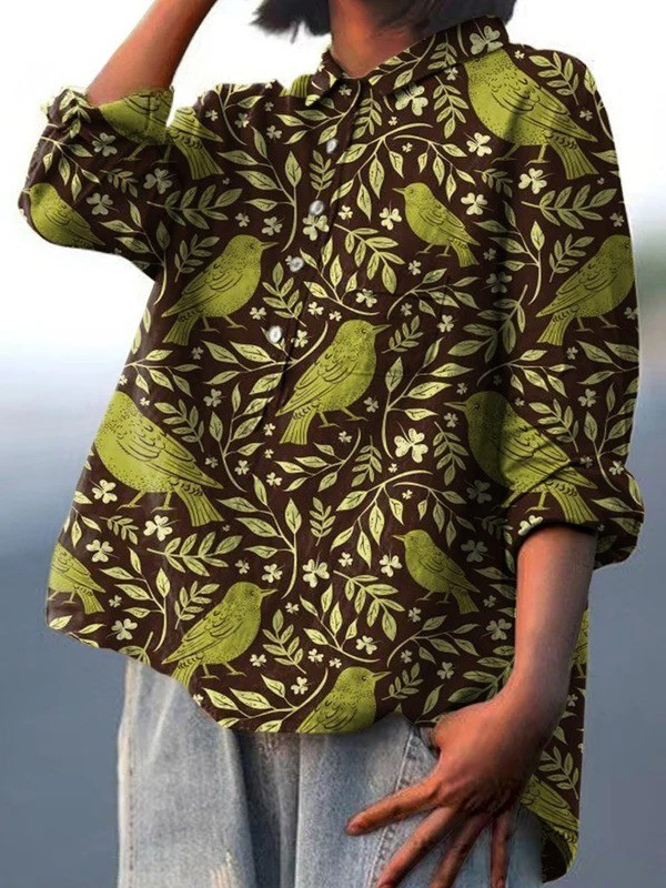 Victoria | Camicia Casual con Stampa Artistica di Uccelli e Fiori Vintage da Donna