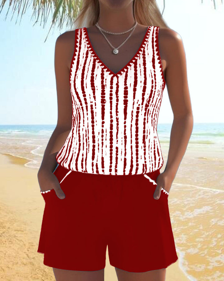 Mia™ | Costume da bagno casual a due pezzi con stampa e scollatura a V con tasche