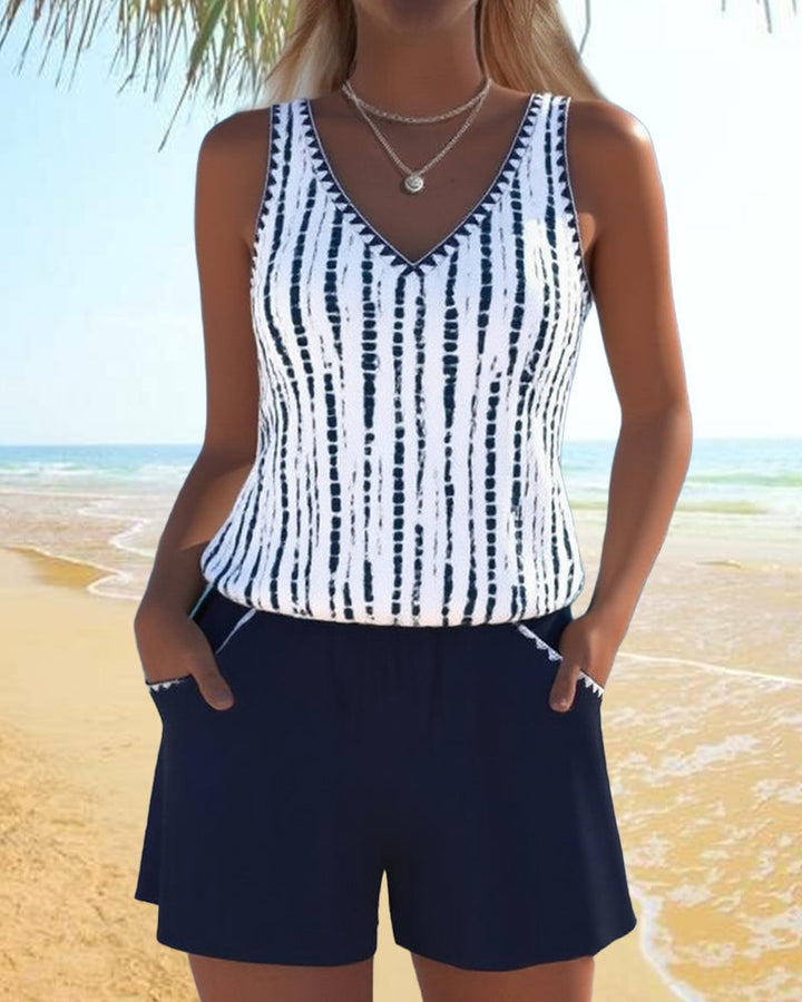 Mia™ | Costume da bagno casual a due pezzi con stampa e scollatura a V con tasche