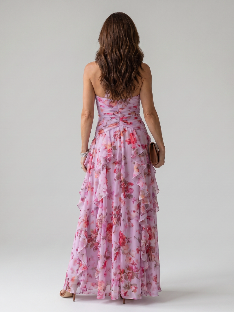 Nori | Abito Maxi Floreale con Scollatura a Halter e Corpetto Arricciato
