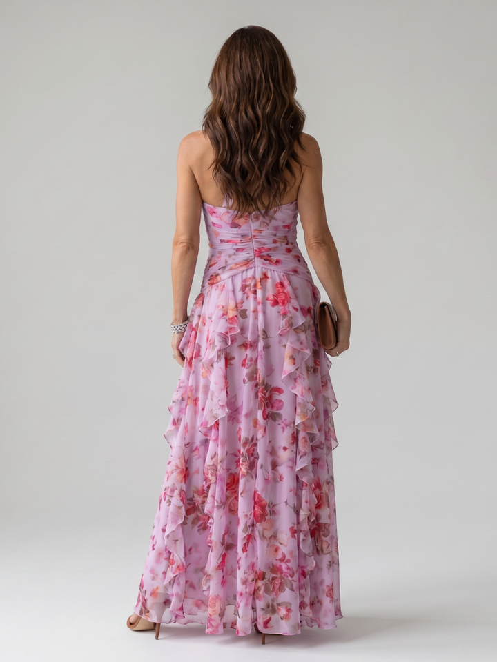 Nori | Abito Maxi Floreale con Scollatura a Halter e Corpetto Arricciato