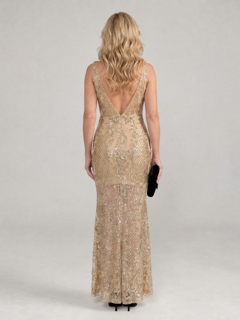 Sirea | Vestito midi senza maniche con paillettes e pannelli trasparenti