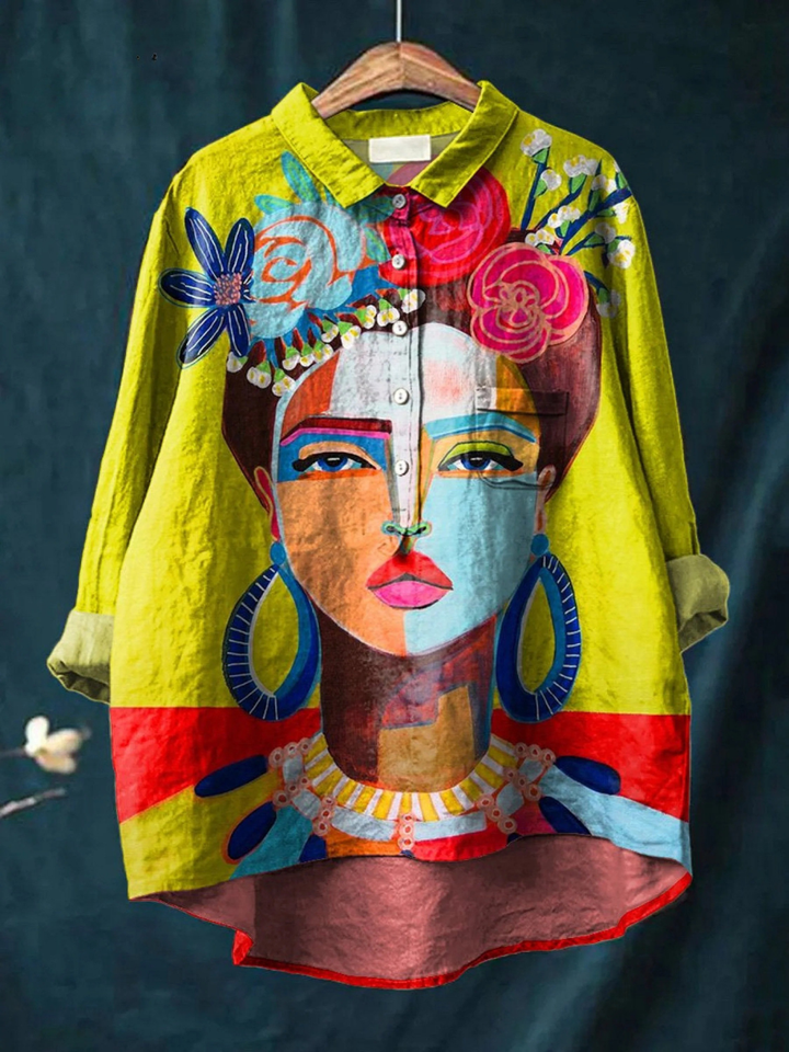Ambra | Arte del Ritratto di Freda Stampata su Camicia Casual da Donna