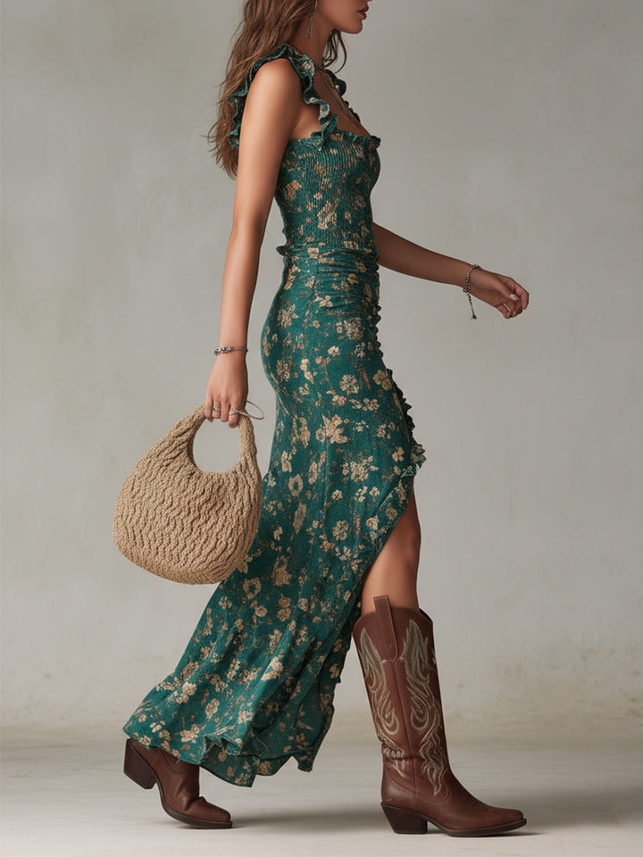 Abito lungo bohemien rétro in tessuto fluido con maniche a sbuffo e elegante spacco