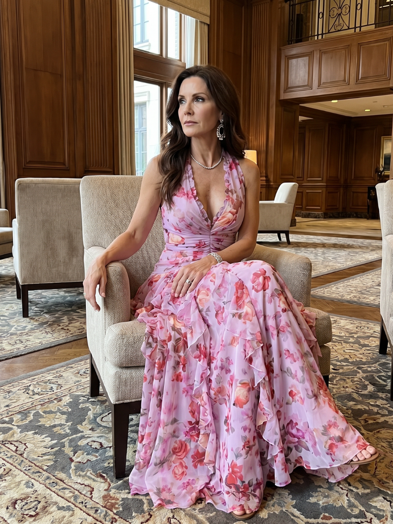 Nori | Abito Maxi Floreale con Scollatura a Halter e Corpetto Arricciato