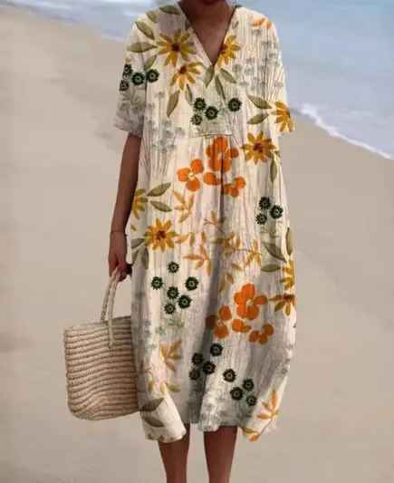 Margaret - Vestito Fluttuante con Stampa di Fiori Vivaci