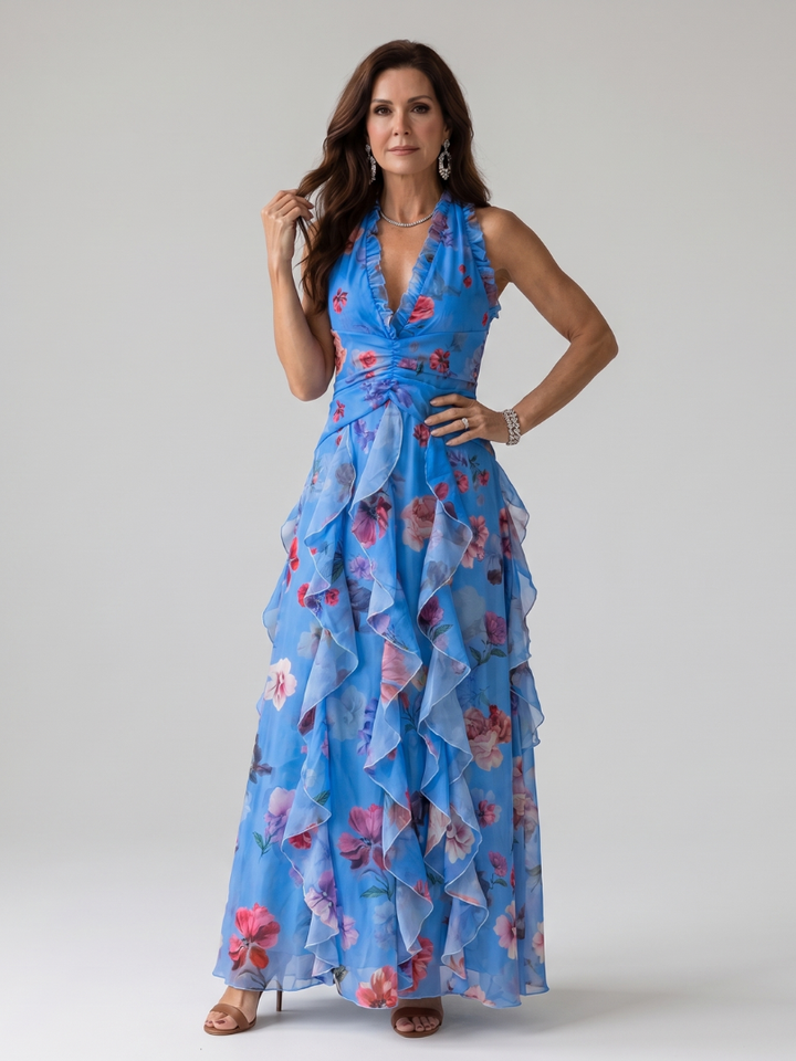 Nori | Abito Maxi Floreale con Scollatura a Halter e Corpetto Arricciato
