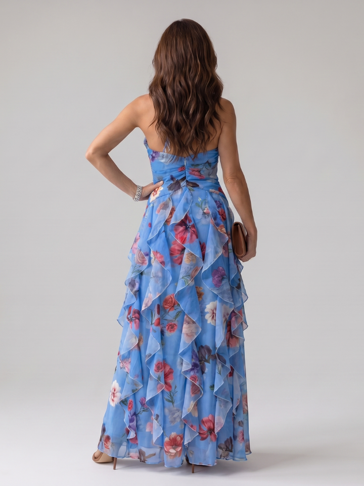 Nori | Abito Maxi Floreale con Scollatura a Halter e Corpetto Arricciato