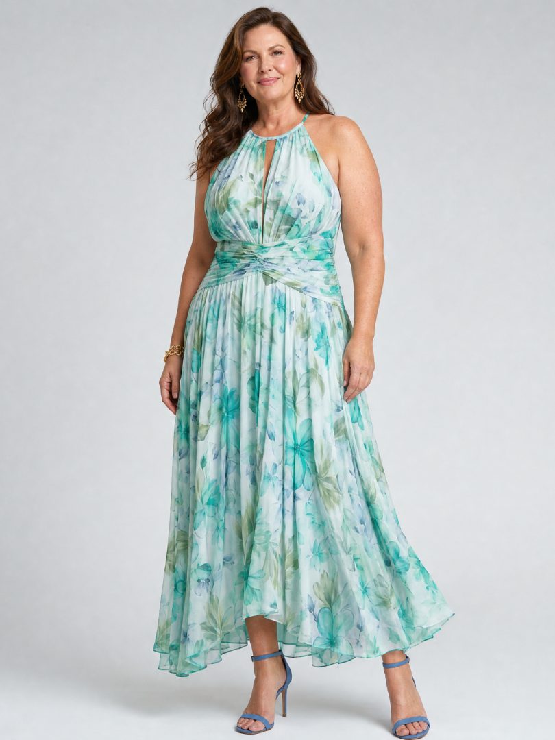 Portia | Abito Midi in Stile Halter con Pieghe e Motivo Floreale Soffice