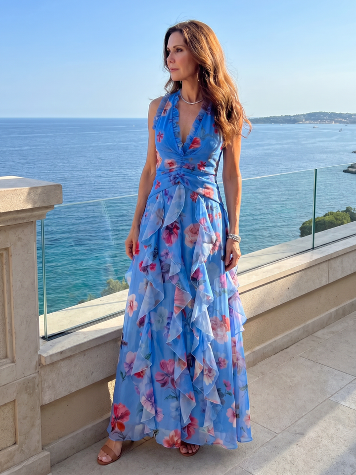 Nori | Abito Maxi Floreale con Scollatura a Halter e Corpetto Arricciato