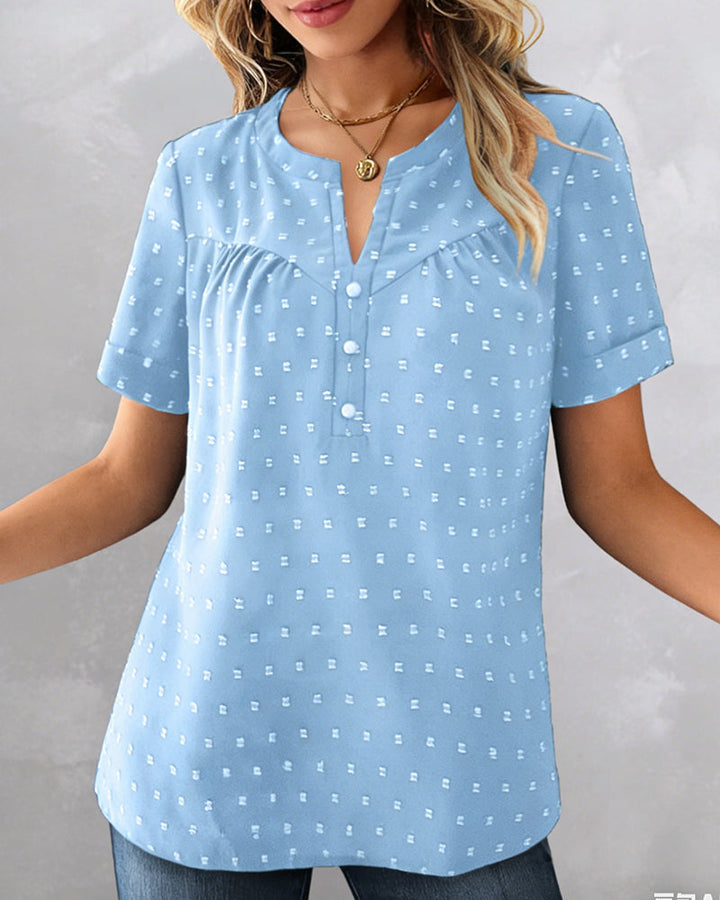 Camilla Camicetta jacquard con scollo a V, mezza abbottonatura e maniche corte
