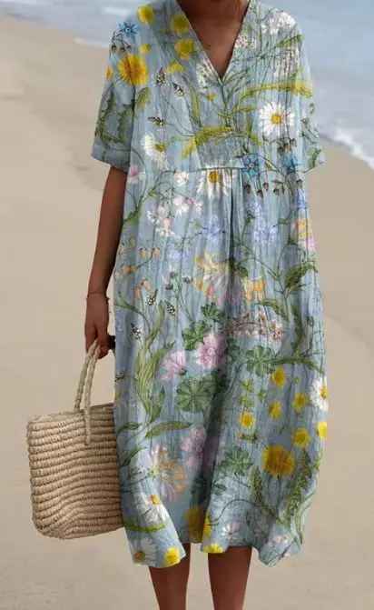 Margaret - Vestito Fluttuante con Stampa di Fiori Vivaci