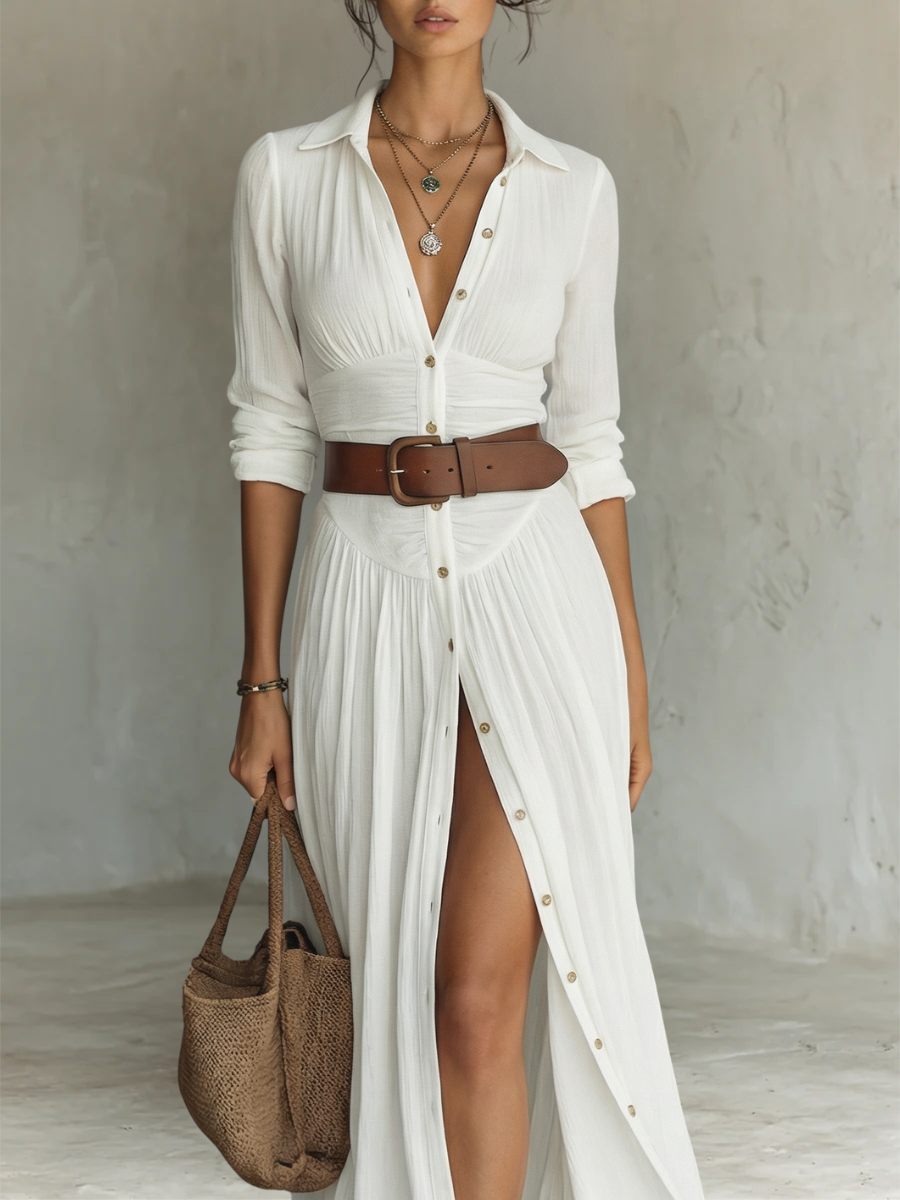 Romina - Abito Maxi Lungo con Collo a V e Maniche Lunghe