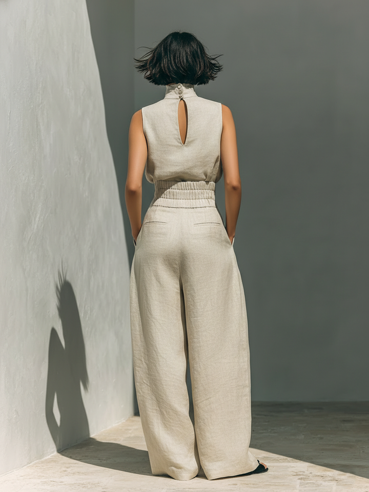 Marcella | Set composto da camicetta senza maniche e pantaloni a gamba larga in misto cotone e lino.