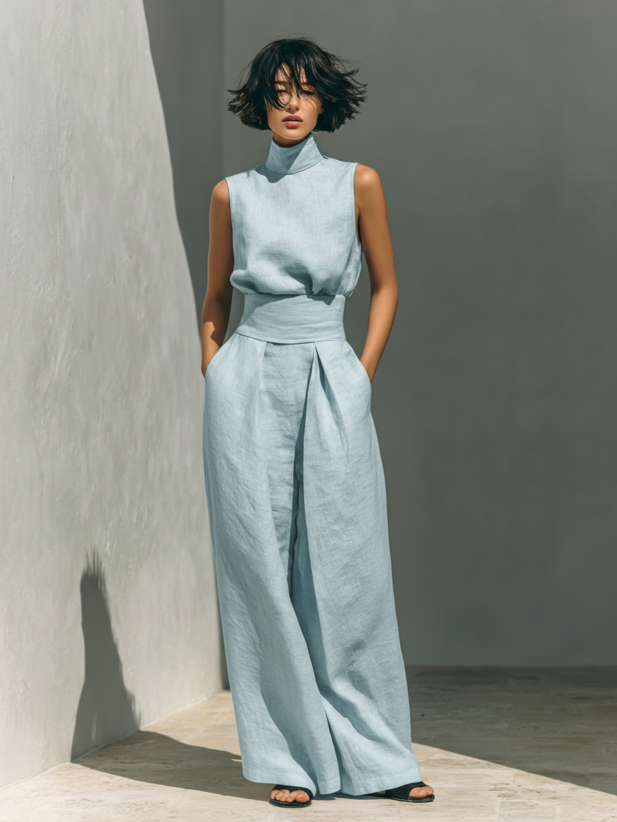 Marcella | Set composto da camicetta senza maniche e pantaloni a gamba larga in misto cotone e lino.