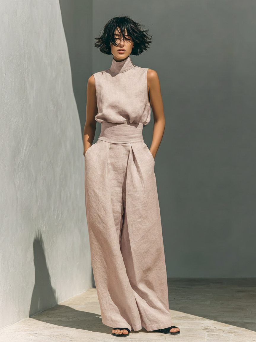 Marcella | Set composto da camicetta senza maniche e pantaloni a gamba larga in misto cotone e lino.