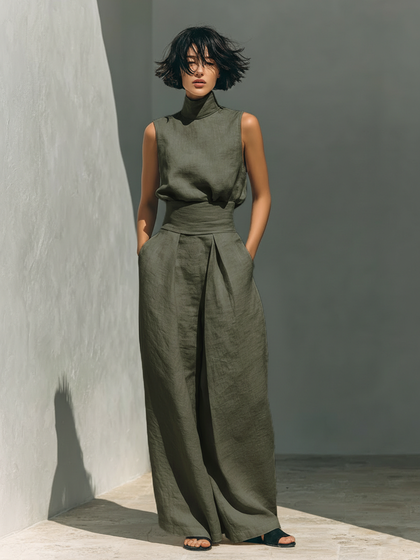 Marcella | Set composto da camicetta senza maniche e pantaloni a gamba larga in misto cotone e lino.