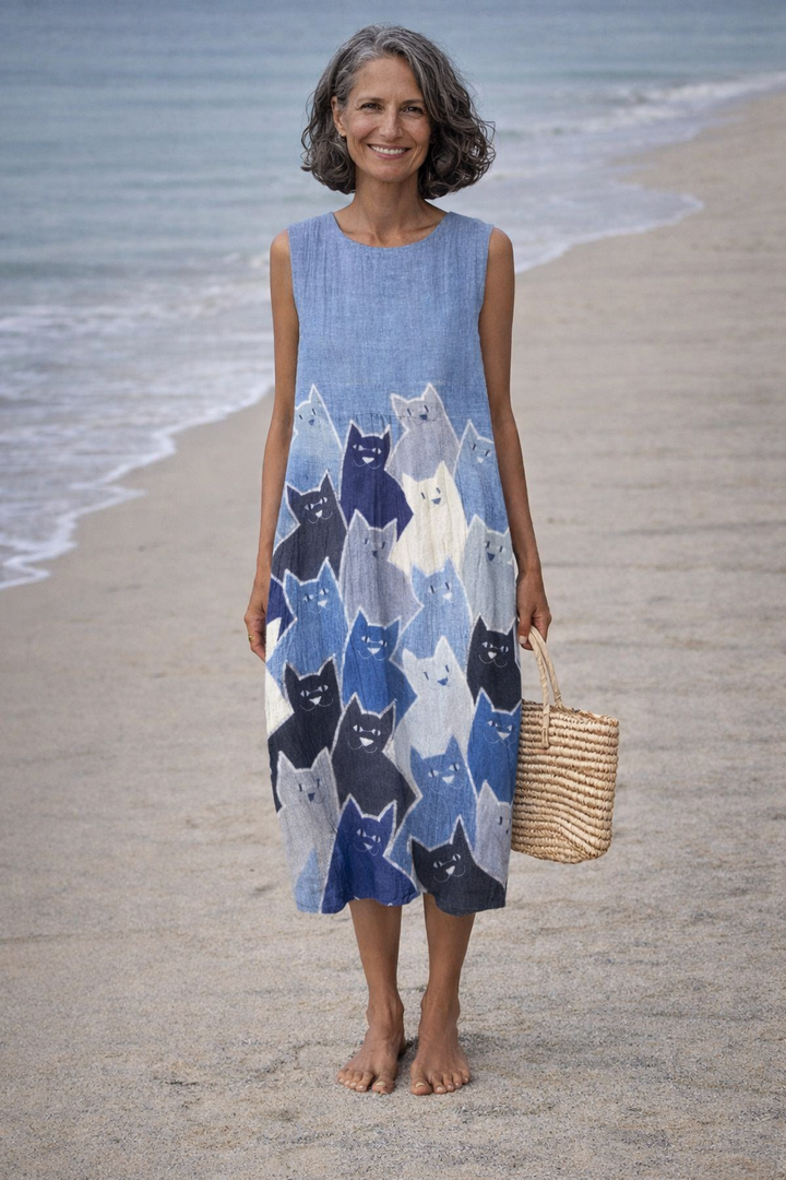 Avellana | Abito midi con arte patchwork di gatti