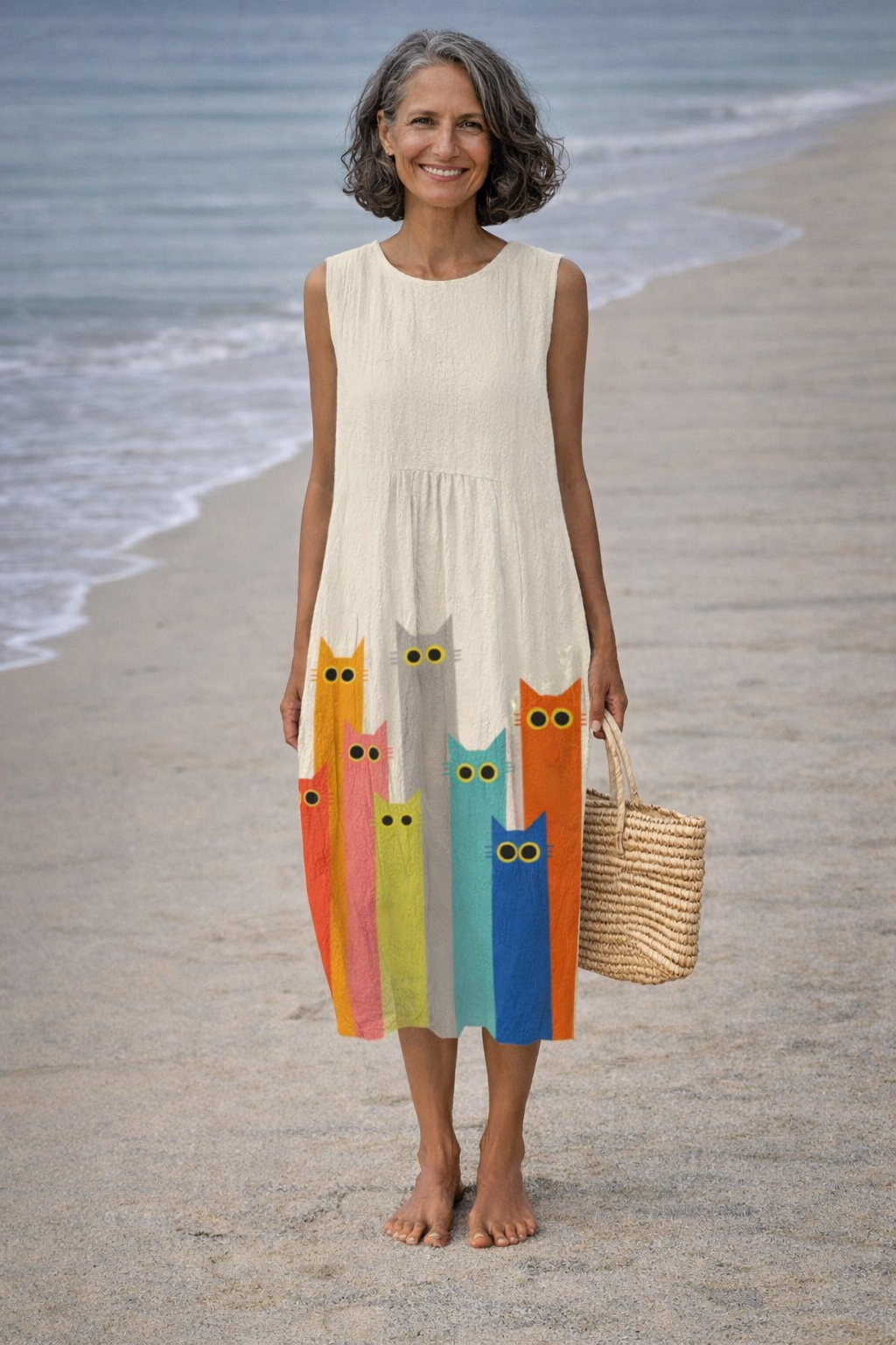 Penélope | Abito midi con arte di gatti colorati