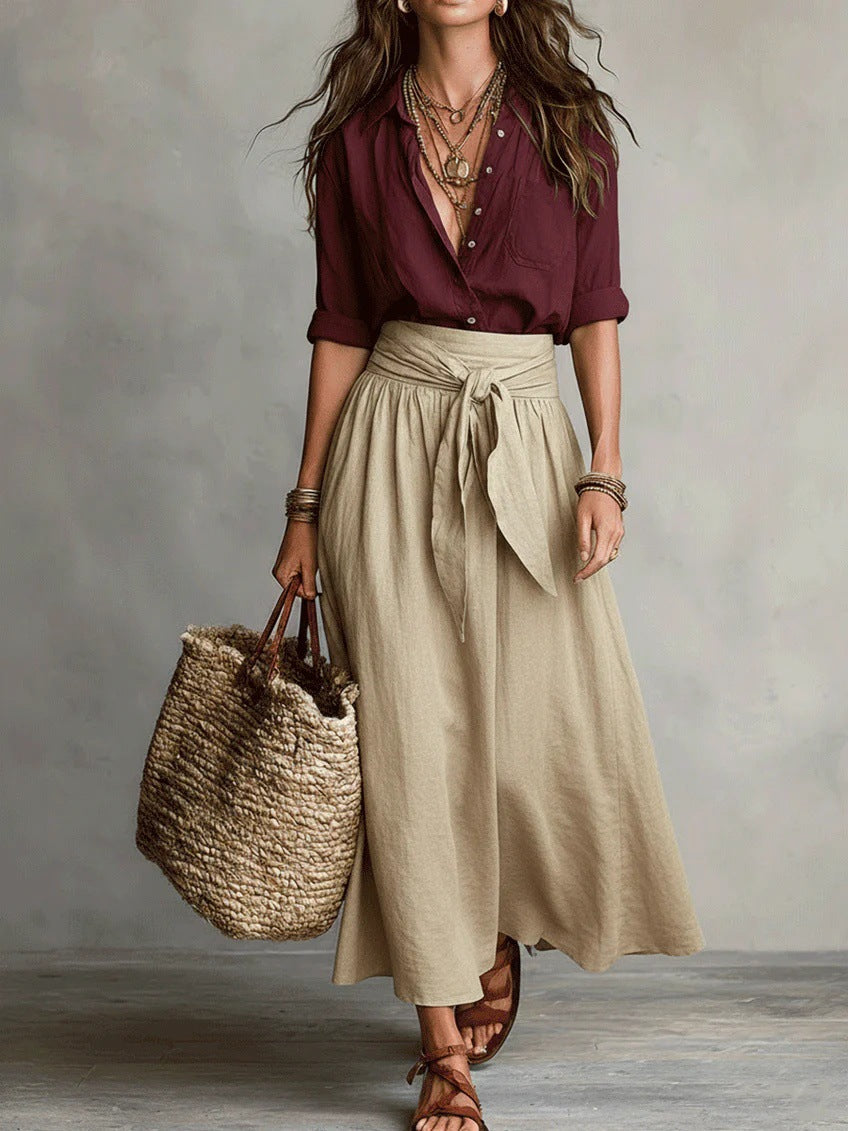 Luisa – Completo di due pezzi: maglietta nera e gonna midi verde oliva