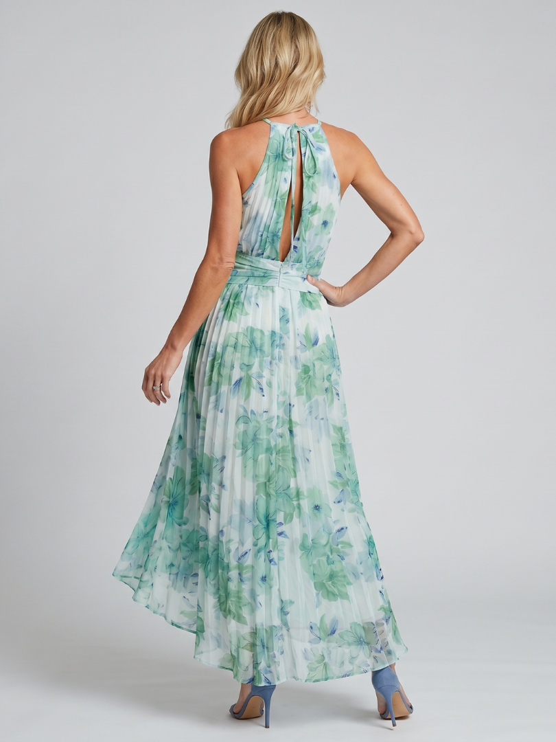 Portia | Abito Midi in Stile Halter con Pieghe e Motivo Floreale Soffice