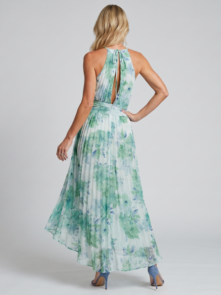Portia | Abito Midi in Stile Halter con Pieghe e Motivo Floreale Soffice
