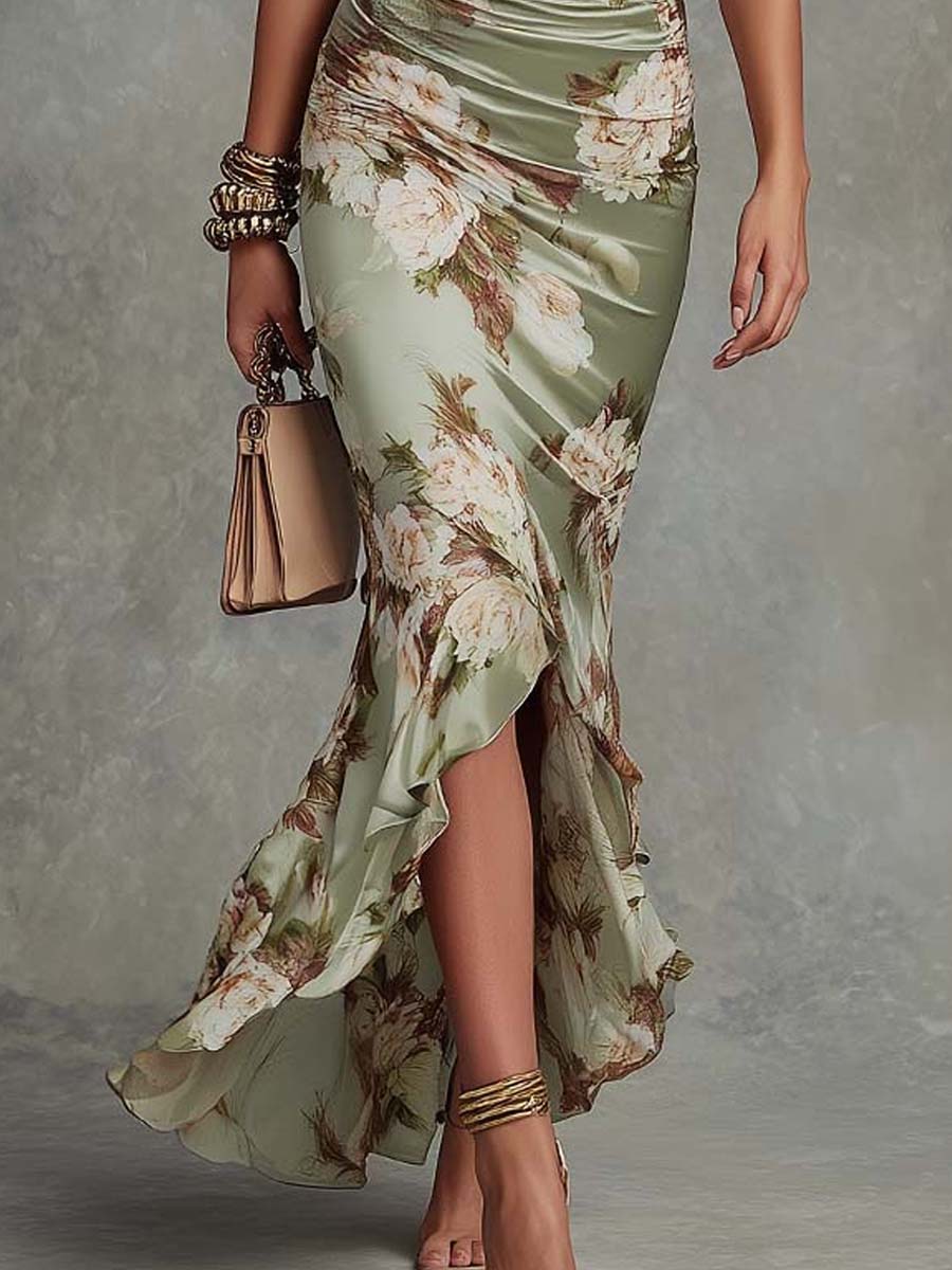 Ana Abito lungo asimmetrico in satin verde con scollatura a V