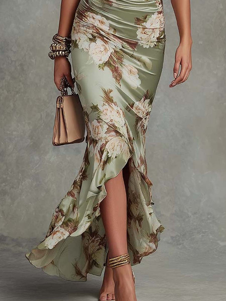 Ana Abito lungo asimmetrico in satin verde con scollatura a V
